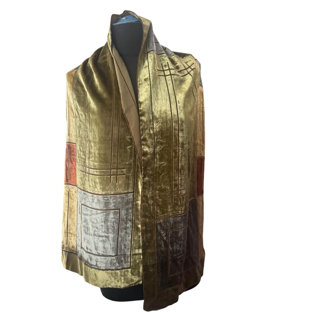 Cocoon House Silk Blend Burnout Velvet Scarf Olive Geometric Handmade EUC 13x60"